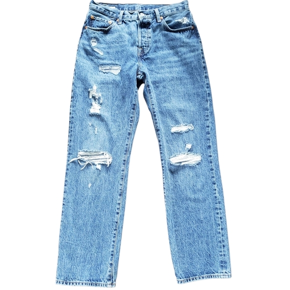 LEVI'S 501 Distressed Big E Medium Wash Button Fly 90s Baggy Jeans - Picture 3 of 10